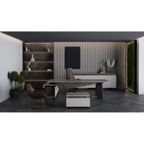 Resim Çağın Ofis Mobilyaları Balance 260 Cm Sağ Etajerli Yönetici Siyah Çalışma Ofis Masa Takım (IRONY/KÜL GRİSİ) 
