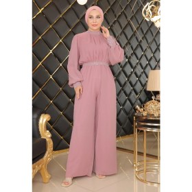 Resim Missvalle Taş Detaylı Şifon Tulum Abiye Gül Kurusu MSW19153-3 