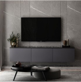 Resim İNARCH DİZAYN Neon 3 Kapaklı Duvara Monte Tv Ünitesi, Tv Sehpası Antrasit (MERMER DESEN) 