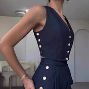 Resim Moda İki Parçalı Yelek Kardigan ve Düğmeli Yüksek Bel Pantolonlu Rahat Takım, İlkbahar Yaz Sonbahar için Uygun Kadın Giyim 