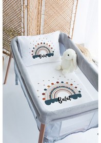 Resim Lilabio %100 Pamuk Saten İsme Özel İsimli 70x120 Park Yatak Nevresim Seti Noktalı Gökkuşağı 