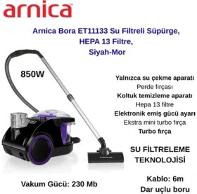 Resim Arnica 850W Toz Torbasız Bora ET11133 Su Filtreli Süpürge, Hepa 13 Filtre, Siyah-Mor 