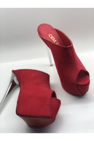 Resim HAYYSHOES Kırmızı Süet Sabo Hakiki Deri Astarlı Platform Topuklu Ayakkabı Sandalet 