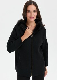 Resim Desen Oversize Kapüşonlu Fermuarlı Midi Kadın Panço - Şık ve Rahat! - Siyah / M 