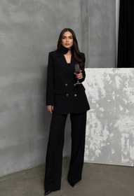 Resim buqre's moda Kadın İkili Blazer Ceket Pantolon Takım Aksesuar Gül ve Düğme Detaylı Bol Paça 