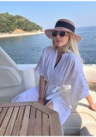 Resim Mayovera Kimono - Nakışlı Beyaz %100 Keten Plaj Elbisesi Beyaz 