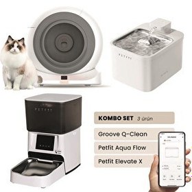 Resim Groove Q-Clean Otomatik Kedi Tuvaleti Gri - Petfit Aqua Flow Akıllı Su Pınarı - Petfit Elevate X Otomatik Mama Kabı 