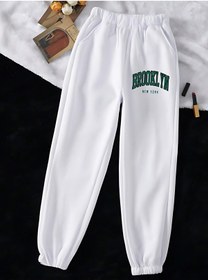 Resim Brooklyn New York Eşofman Altı Jogger - Baskılı Lastik Paça Yüksek Bel Beyaz 