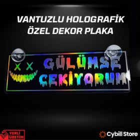 Resim CybillStore Gülümse Çekiyorum Hologramlı Vantuzlu Parlak Siyah Dekor Pleksi Plaka 22 x 7.5 CM 