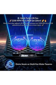 Resim E&D Collection Odin RGB Işıklı Gaming 2200RPM Çift Fan LED Display Laptop Notebook Soğutucu Stand 