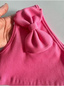 Resim HEREN BUTİK Kız Çocuk Pembe Fiyonklu Tek Omuz Crop Bluz %100 Pamuklu Fitilli Esnek Kumaş 