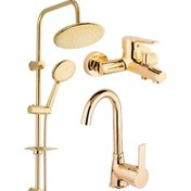 Resim Armilla Armatür Yuvarlak Gold Robot Duş Sistemi Banyo Bataryası ve Lavabo Bataryası Musluğu 3’lü Set Gold Yvrk Robot Duş 3 Dlt 