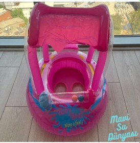 Resim Gölgelikli Pembe Renk Bebek Deniz Simidi, Bebek Havuz Simidi, 0-3 Yaş 71cm 60cm 