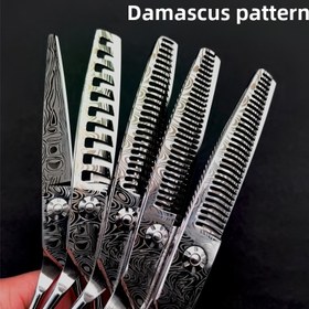 Resim Damask desenli profesyonel saç kesme makası, kuaför saç kesme makası, düz kesim, inceltme dişleri, balık kemiği kesme 