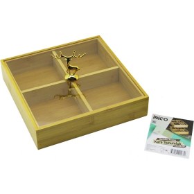 Resim Kare 4 Bölmeli 2ın1 Bölmesiz Çok Amaçlı Kutu Ahşap Bambu Servis Sunum Tepsi - Tahtası 22x22x5cm Kahverengi 