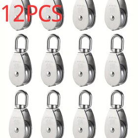 Resim 12 adet 304 paslanmaz çelik M15 Gümüş tek makara blok halat asma hattı çekme tekerleği 