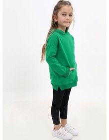 Resim Toontoy Kids Toontoy Kız Çocuk 2'li Takım Baskılı Kapüşonlu Düşük Omuz Cepli Yırtmaçlı Sweatshirt & Basic Düz Tayt Çimen Yeşili 