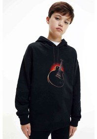 Resim Les Paul Baskılı Unisex Çocuk Kapüşonlu Siyah Sweatshirt 
