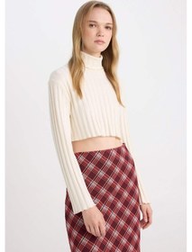 Resim Defacto Coool Balıkçı Yaka Crop Top Basic Düz Fitilli Kaşkorse Uzun Kollu Tişört E1673AX24WNER238 Ekru 