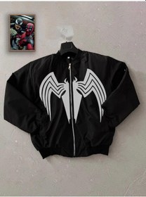 Resim Unisex Siyah Bomber Mont - Venom Beyaz Örümcek Logolu, Fermuarlı Cepli, Kapitone Astarlı Günlük Mont - Siyah Çok Renkli 