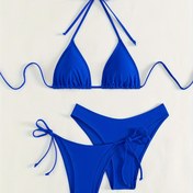 Resim Seman4 Nisan 2024 Yeni Yaz Kadın Seksi Halter Boyun Bikini Seti, Düz Renk, Yüksek Esneklikli Kumaş, Kıvrımlı Askı Tasarımı, Bağcıklı Yüksek Bel Altlar, Plaj ve Havuz Kenarı için Mükemmel 