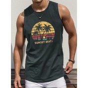 Resim Erkekler için rahat bir yuvarlak yaka tank top, günbatımı plaj geometrik desen, %100 polyester örme kumaş, hafif esneklik, yaz düzenli fit yelek - 150gsm 