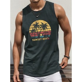 Resim Erkekler için rahat bir yuvarlak yaka tank top, günbatımı plaj geometrik desen, %100 polyester örme kumaş, hafif esneklik, yaz düzenli fit yelek - 150gsm 