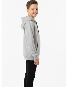 Resim Kapüşonlu Fermuarlı Yandan Cepli Baskılı %100 Pamuk 2 İplik Mevsimlik Erkek Çocuk Sweatshirt-90937 Gri 