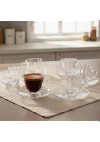 Resim Olive Cam 6 Kişilik Tabaklı Türk Kahvesi Espresso Fincan Seti 6 X 90 Ml Şeffaf 