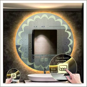 Resim Dnr-Mirror60 Cm Günışığı Ledli Tasarım Kumlamalı Dokunmatik Tuşlu Buğu Önleyicili Banyo Aynası Makyaj Aynası 