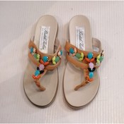Resim Butik Tülin Kadın Hakiki Deri Somon Renkli Kesme Taşlı Çiçekli Bantlı Parmak Arası Terlik 