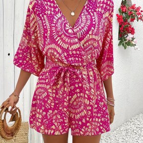 Resim Kadınların Zarif V-Yaka Tulumu | Pembe Mandala Çiçek Baskısı | Polyester ve Elastan Karışımı | Makinede Yıkanabilir | Çok Mevsimlik Moda | İlkbahar/Yaz için İdeal | Şık Yetişkin Günlük Kıyafet, Günlük Yazlık Kıyafet | V-Yaka Tasarımı | Rahat Uygun, Giyim İçin Tulumlar 