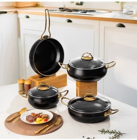Resim Lines L-5094 Yonca Güveç 7 Parça Tencere Seti - Siyah Altın Kulp 