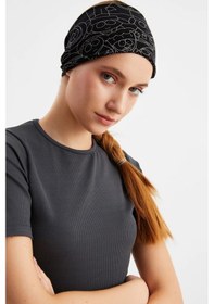 Resim 2'li Çift Taraflı Kullanım Alternatifli Pamuklu Penye, Kaymaz, Hafif, Spor Saç Bandı Bandana - Tek Ebat / Siyah-melanj Siyah-melanj 