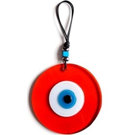 Resim Mavi Nazar Boncuklu El Yapımı Deri İpli Turuncu Renk Şeffaf Cam Duvar Süsü 