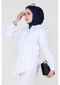 Resim Sevitli Yakası Kat Detaylı Poplin Tunik-beyaz-3520-beyaz Beyaz 