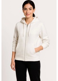 Resim Üç İplik Kapüşonlu Tam Fermuarlı Kanguru Çepli Sweatshirt Hoodie - Beyaz Beyaz 