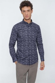 Resim İmza Koyu Lacivert Uzun Kol Baskılı Pamuklu Likralı Slim Fit Dar Kesim Klasik Gömlek 1004225159 