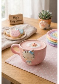 Resim 3d Kabartmalı Kedi Figürlü Pembe Seramik Kupa - Estetik Puantiyeli Kahve Fincanı Diğer 