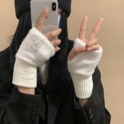 Resim SANRIO Hello Kitty Fiyonklu ve Taş Süslemeli Kadın Yarım Parmak Takma Eldiven, Dış Aktiviteler İçin Şirin Sıcak Tutan Fingerless Mittens 