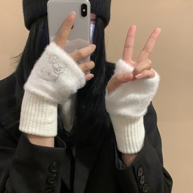 Resim SANRIO Hello Kitty Fiyonklu ve Taş Süslemeli Kadın Yarım Parmak Takma Eldiven, Dış Aktiviteler İçin Şirin Sıcak Tutan Fingerless Mittens 