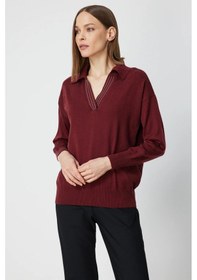 Resim On Kadın Polo Yaka Zincir Detaylı Triko Kazak 66336 Bordo Bordo 