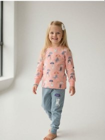 Resim Kız Çocuk Pamuklu Uzun Kollu Kedili Pijama Takımı-10860 SOMON 