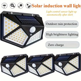 Resim 4 adet Güneş Işıkları, Dış Mekan LED Güneş Işığı, Hareket Sensörlü Dış Mekan Duvar Lambası, 100 LED 4 Yan Işık, Dış Mekan Duvarı, Teras, Avlu, Garaj, Teras, Bahçe için Güneş Sel Lambası, Araba Sahne için Uygun 