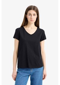 Resim Defacto Regular Fit V Yaka Basic Düz Kısa Kollu Tişört C2058ax25smbk81 SIYAH 