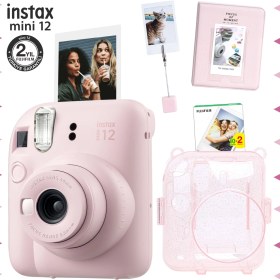 Resim Fujifilm Instax Mini 12 Pembe Fotoğraf Makinesi - 20'li Film - Kıskaçlı Stand - Pvc Albüm ve Simli Pleksi Kılıf Seti 