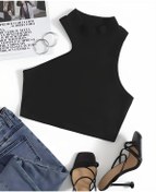 Resim Teenystore Kadın Siyah Dik Yaka Tek Omuz Crop Bluz Atlet 
