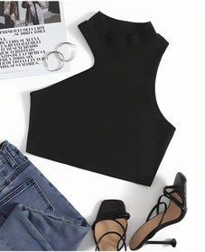 Resim Teenystore Kadın Siyah Dik Yaka Tek Omuz Crop Bluz Atlet 