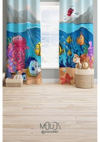Resim Deniz Hayvanları Desenli Fon Perde Çocuk Ve Bebek Odası Süet Baskılı Ekstrafor Büzgü 2 Kanat Prd-71 Çok Renkli 