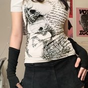 Resim Y2K Sokak Modası Kafatası Harf Baskılı Omuz Üstü Kısa Kollu T-Shirt 